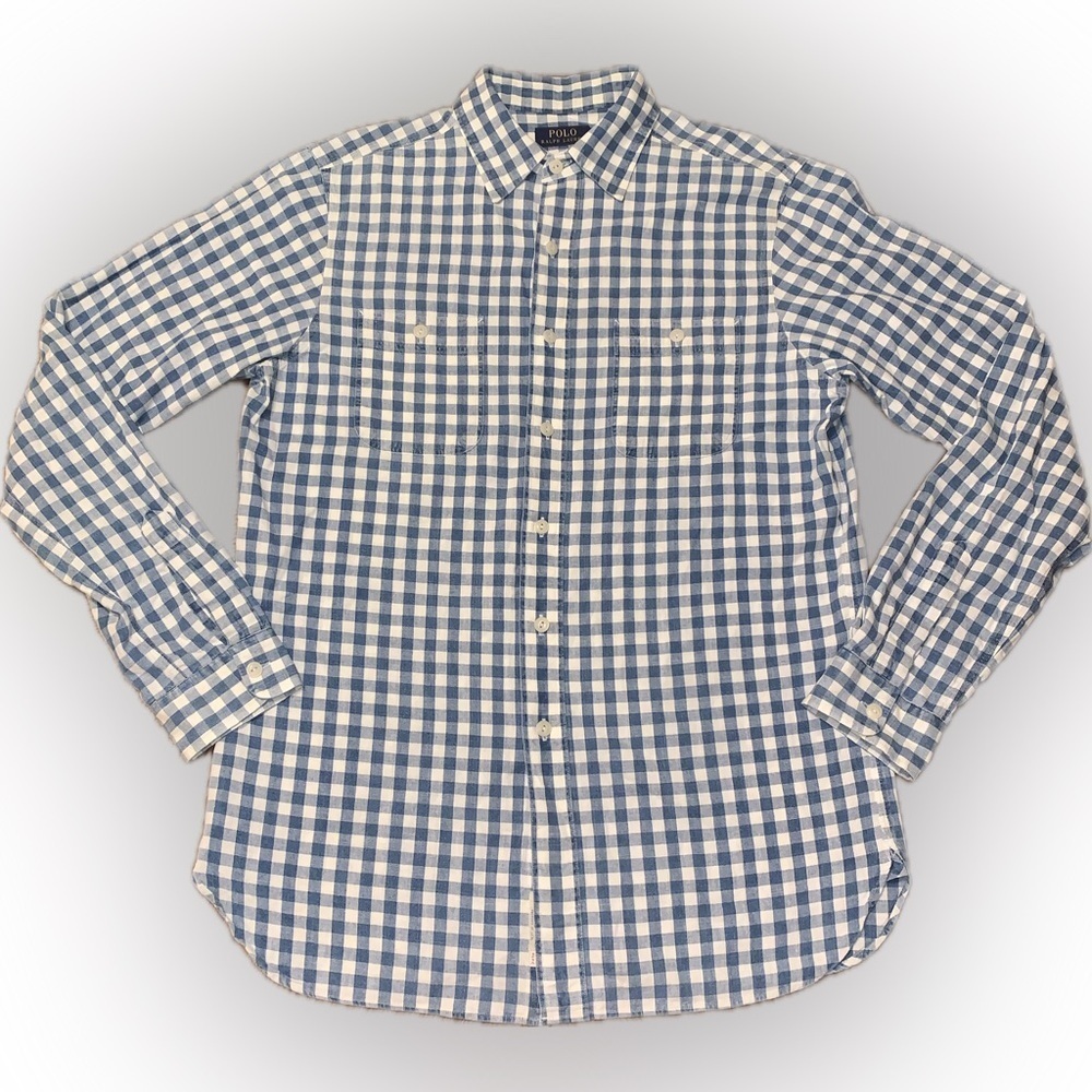 Polo Ralph Lauren Blue White Plaid Check Gingham Chest Pocket Rustic Shirt M